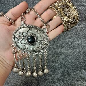 Chunky Necklace Hinged Cuff Bracelet Wide Floral Scroll Gold Silver Tone Ethnic